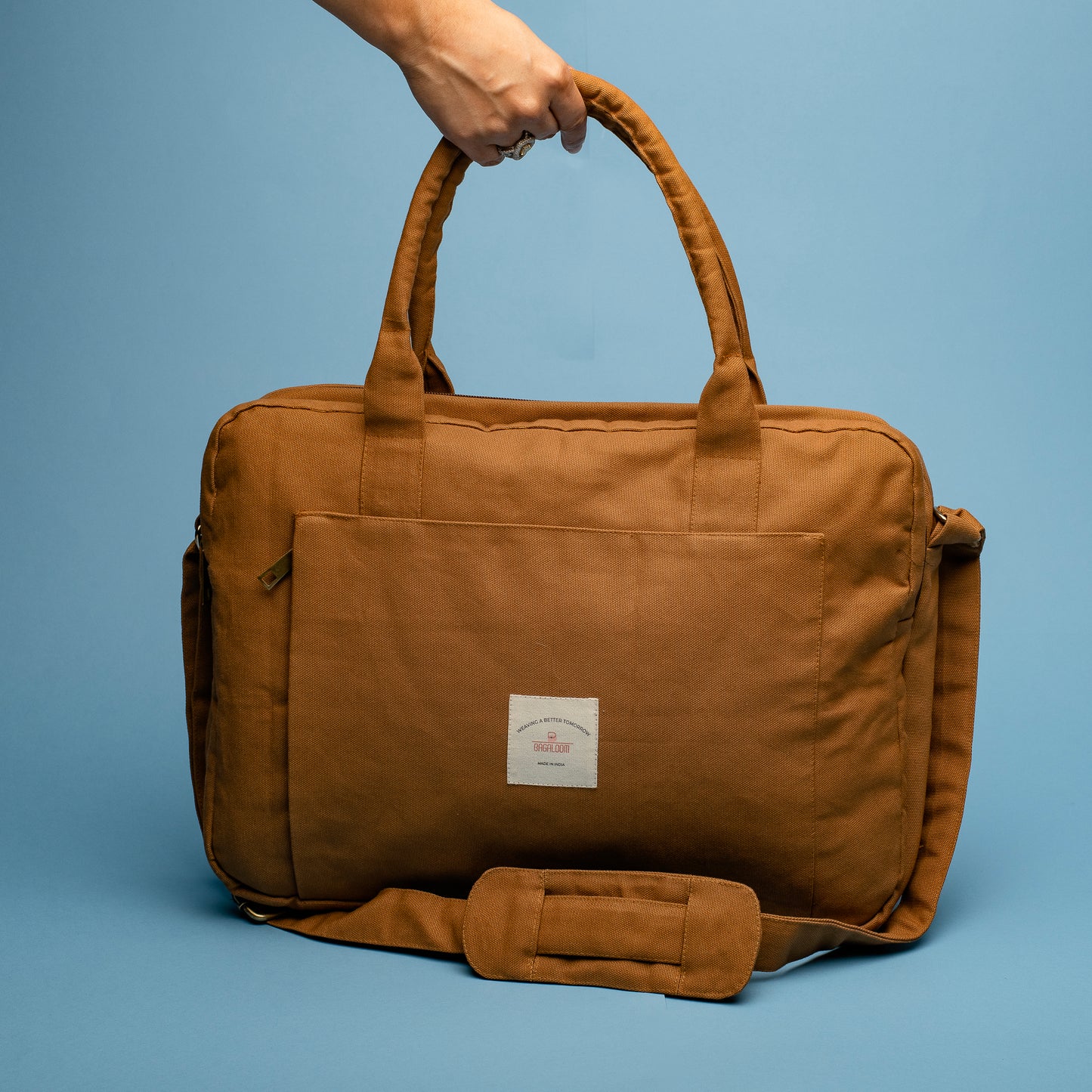 Brown Sustainable and eco-friendly Laptop Bag made from Canvas fabric model front angel image