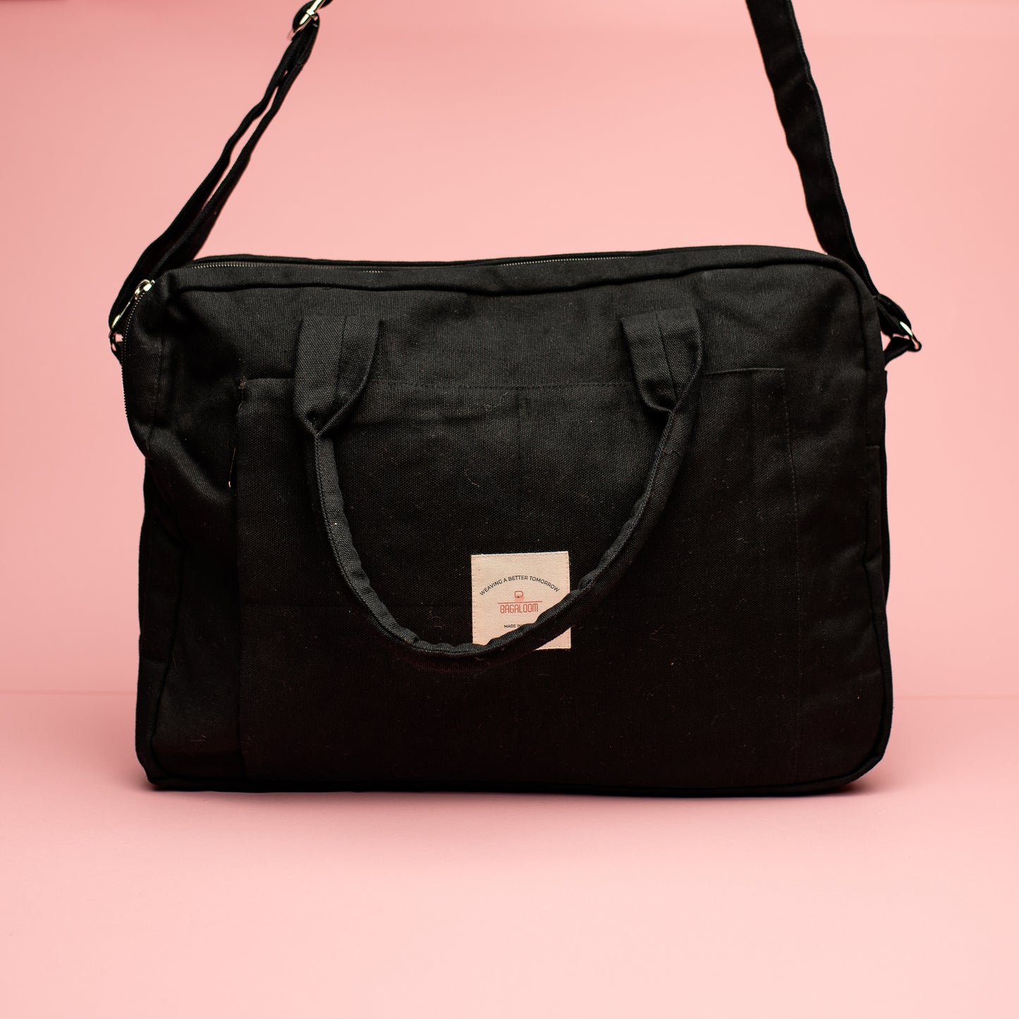 Black Sustainable Laptop Bag made from Canvas fabric front angel