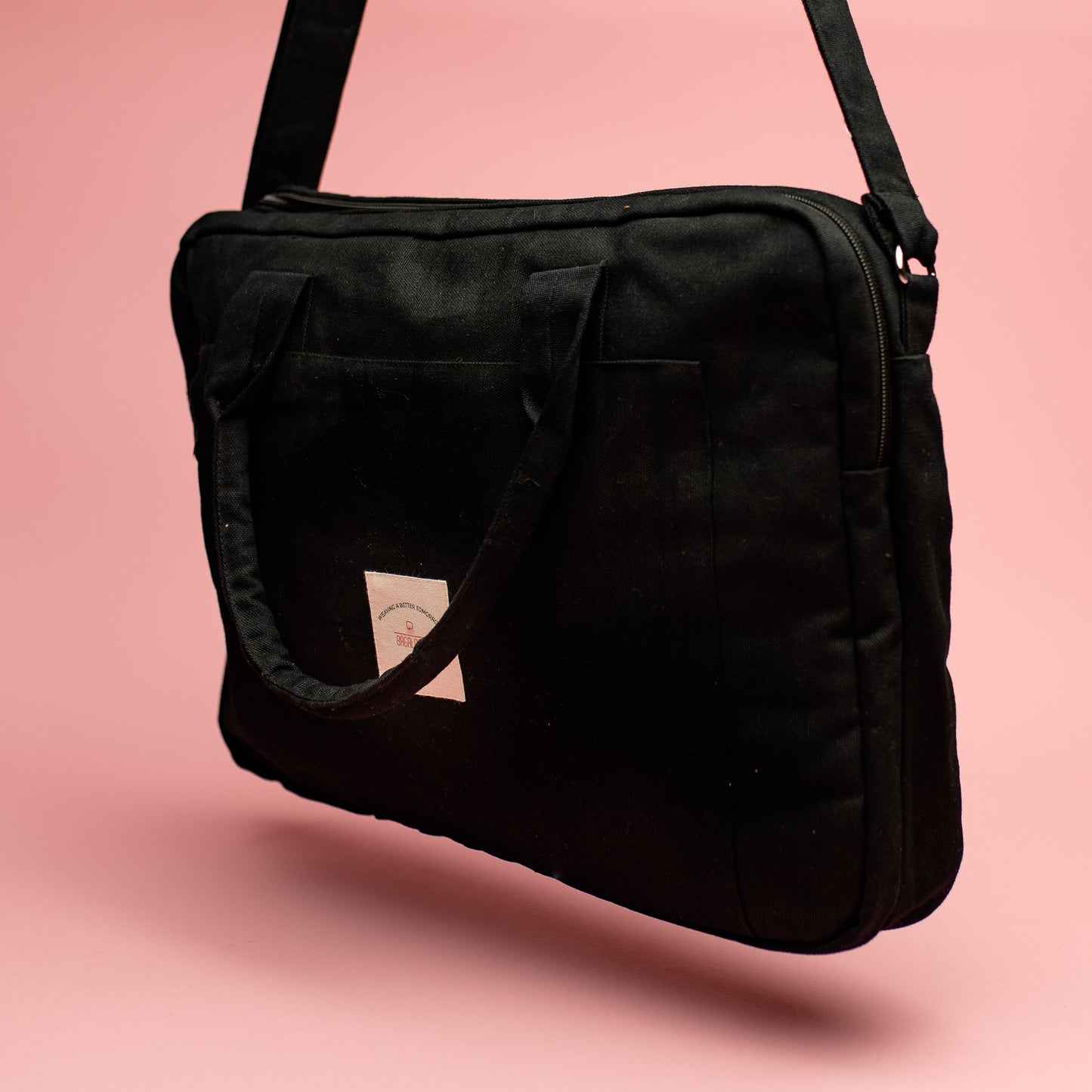 Black Sustainable Laptop Bag made from Canvas fabric side angel