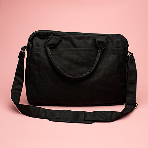 Black Sustainable Laptop Bag made from Canvas fabric back angel
