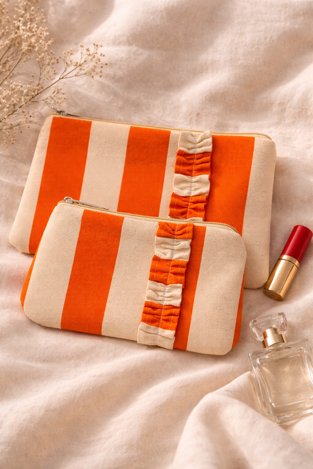 Blush Ruffle Cosmetic Pouch set