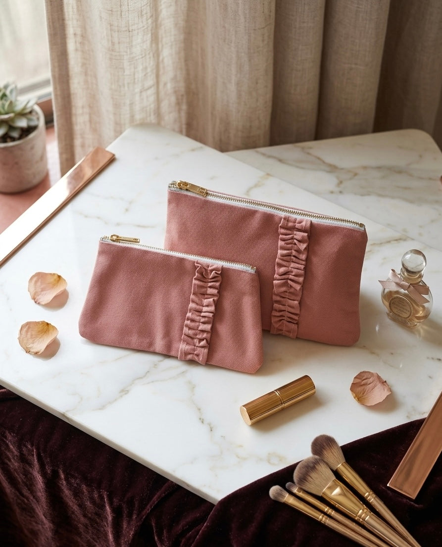 Blush Ruffle Cosmetic Pouch set