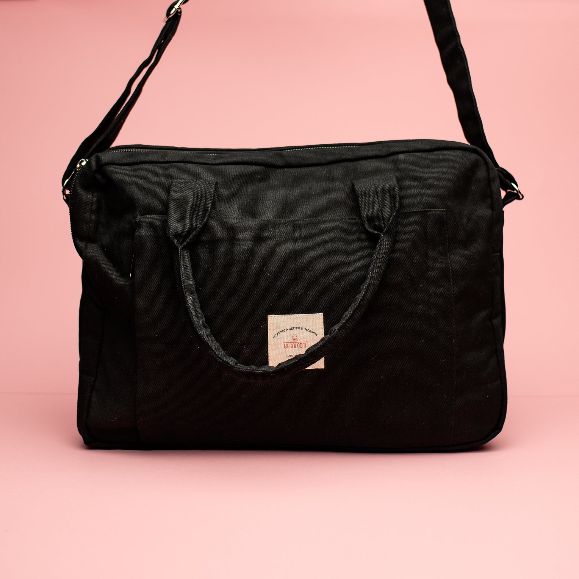 Black Sustainable Laptop Bag made from Canvas fabric front angel 