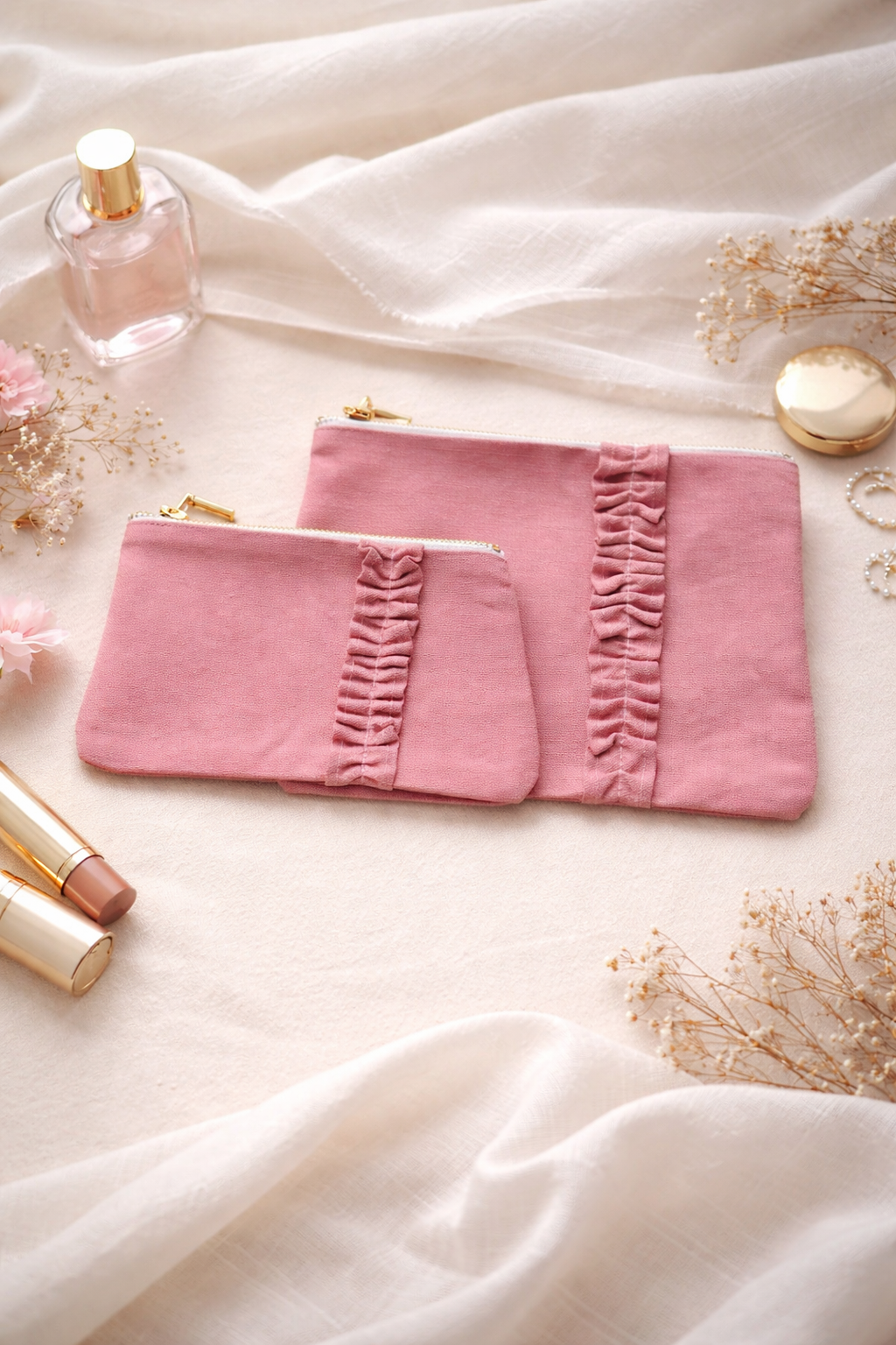 Blush Ruffle Cosmetic Pouch set