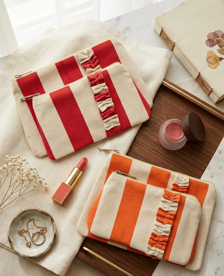 Blush Ruffle Cosmetic Pouch set